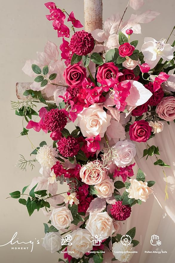 Ling's moment Deluxe Spring Pink Artificial Wedding Arch Flowers with Drapes Kit-Pack of 5, 2pcs Flower Arrangements 3pcs Hanging Sheer Drapes Ceremony Arbor Reception Backdrop Floral Decoration