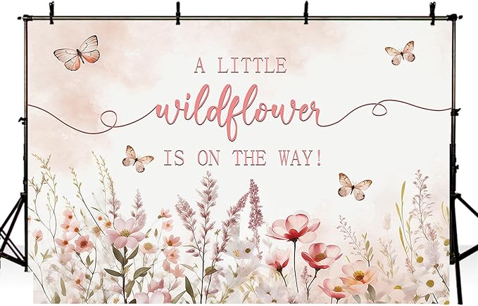 MEHOFOND 10x7ft Baby Shower Backdrop Pink Watercolor A Little Wildflower is On The Way Baby Shower Party Decorations Butterfly Theme Girl Banner Photography Background Props