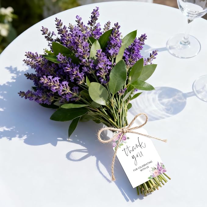 G2PLUS 50PCS Thank You Gift Tags with Twine, 3.3X2.2In Purple Floral Paper Tags for Wedding Favors, Baby Shower, Bridal Shower, Party Decorations