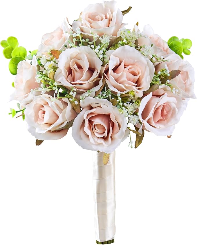 Pink Champagne Roses 10 in, Fake Flowers Wedding Bouquets for Bride, Wedding Silk Artificial Flowers 10pcs for Wedding Party, Ceremony, Anniversary & Home Decor (Come with 3 Styles of 4.5 ft Ribbons)