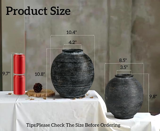 Black Round Ceramic Vase, 9.8 inch Large Textured Flower Vase,Minimalist Rustic Farmhouse Decor for Home, Living Room, Shelf, Table, Bathroom & Entryway Decoration (Black Bronze)