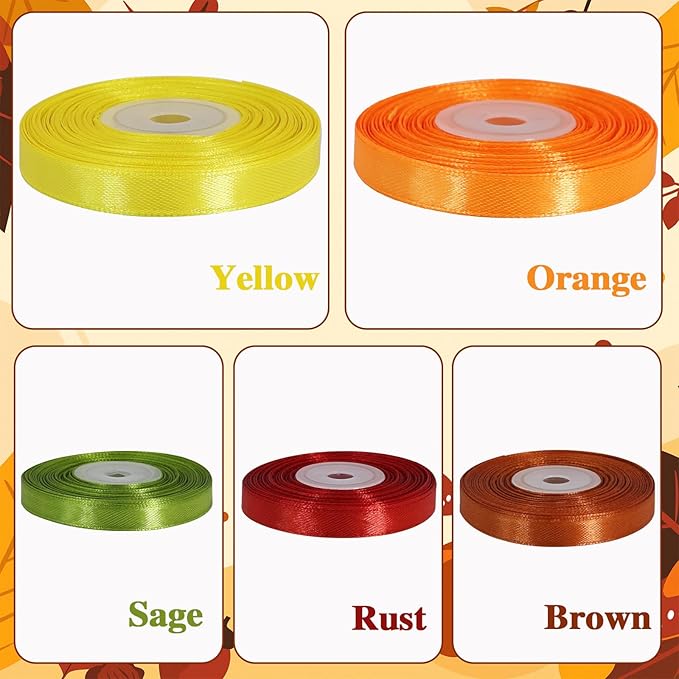 TONIFUL 5 Rolls Thanksgiving Satin Ribbon - 3/8 Inch x 25 Yards Fall Ribbon for DIY Crafts, Gift Wrapping, Table Decor,Wreaths Decor, Autumn Party & Home Decoration (Brown, Orange, Rust, Moss, Yellow)