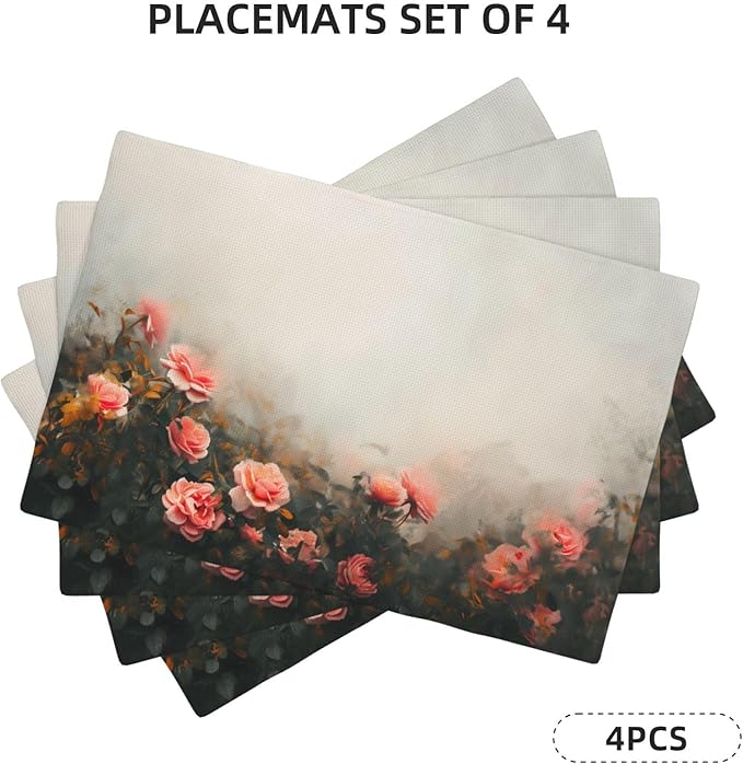Placemats 4 pcs Vintage Oil Painting Flowers Double-Layer Imitation Linen Place Mats Non-Slip Heat-Resistant Tablemats for Home Restaurant Hotel 18×12 Inch