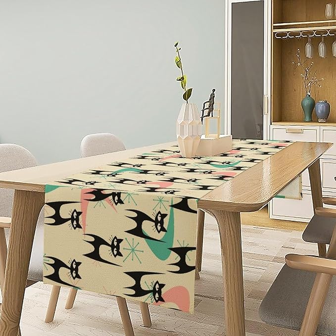 Mid Century Table Runner,Cat Geometric Stripe Colorful Abstract Pattern Print Tablecloth Burlap for Hotel Indoors Outdoor Dining Room Kitchen Holiday Party, 13x90in