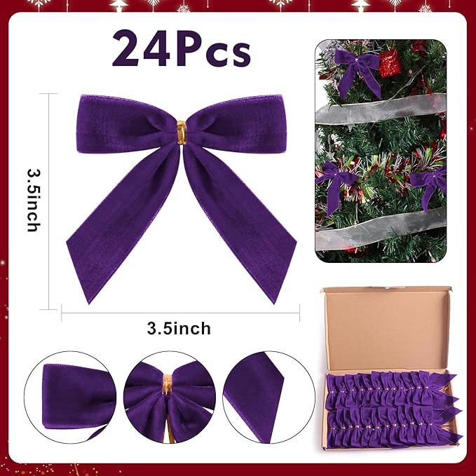 24 Pcs Purple Small Velvet Christmas Bows for Christmas Tree, Wreath, Gift Wrapping, Crafts, Wedding, Party, Twist Tie Bows for Treat Bag Bakery Candy Bags, Home Decor 1" W,3.5 x 3.5 inch