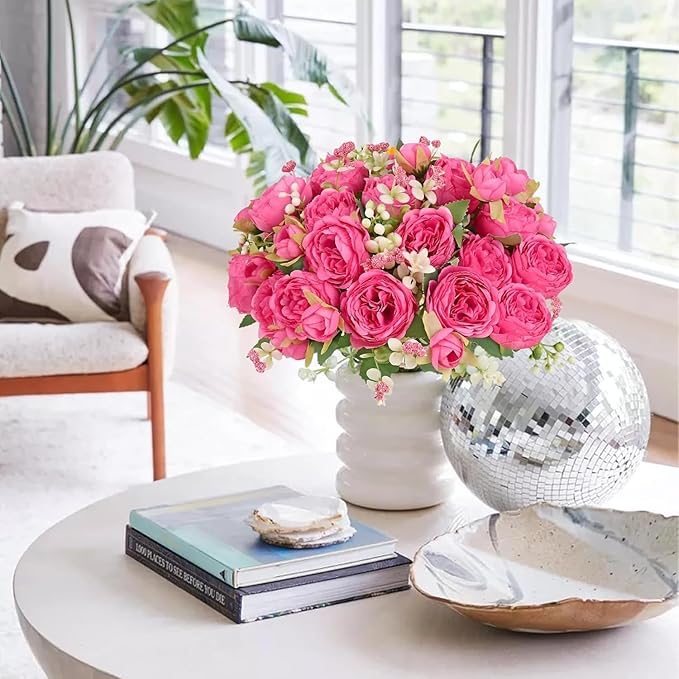 ASTRYAS Artificial Flowers, 3Pcs Silk Fake Peonies Faux Hot Pink Artificial Flowers Peonies Bouquet Arrangements Table Centerpieces for Wedding Office Home Decor Cake