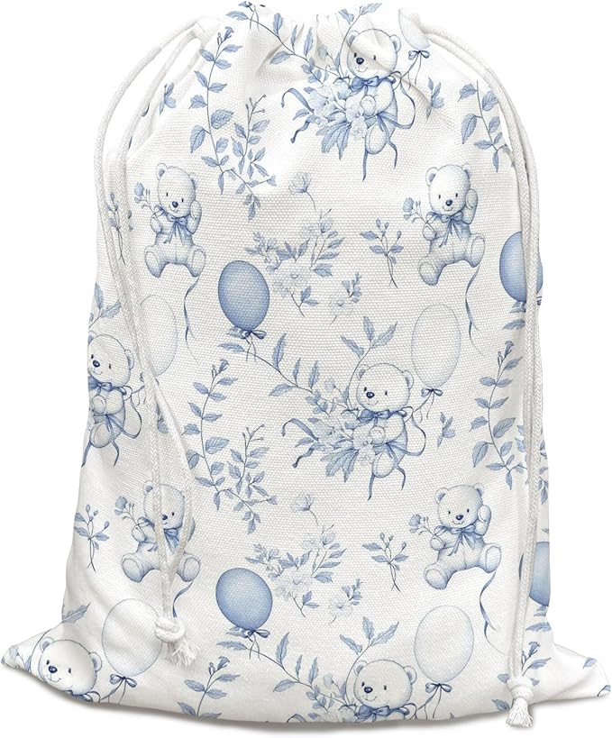 DSHFG Light Blue Bear Birthday Drawstring Gift Wrap Bags, Chinoiserie Animals Baby Shower Drawstring Gift Bags Canvas, Cute Bear Blue and White Small Happy Birthday Bag, 10x13 Inch