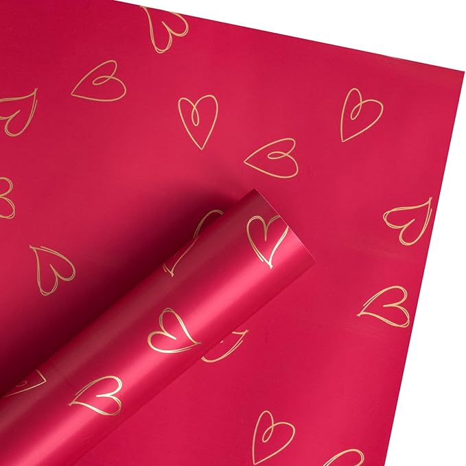 LeZakaa 20 Sheets Valentine Flower Wrapping Paper, Red with Gold Heart Pattern Waterproof Floral Bouquet Paper, for Christmas, Valentines, Mothers Day, Party, Romantic Birthday, Wedding, Anniversary