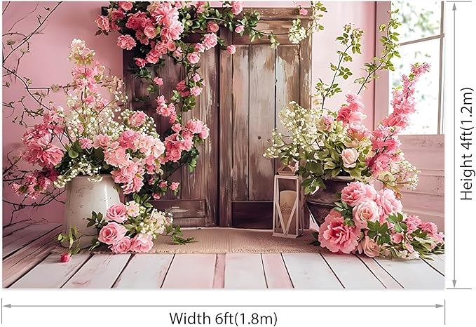 AOTOFO 6x4ft Rustic Wood Floral Backdrop for Baby Shower Newborn Studio Picture Photography Wooden Door Pink Flower Wall Background Wedding Bridal Shower Birthday Party Photoshoot Booth Banner