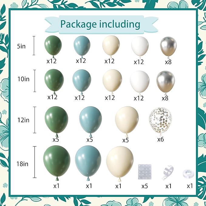 Retro Bean Green Balloon Arch Kit, 145Pcs Dusty Blue White Pastel Beige Sliver Confetti Balloons for Baby Bridal Shower Wedding Engagement Birthday Party Decorations