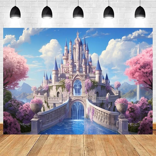 12x10ft Princess Castle Backdrop Pink Floral Blue Sky Photography Background White Cloud Forest Mountain Girls Birthday Baby Shower Banner Decorations Wedding Party Portrait Photo Booth Prop