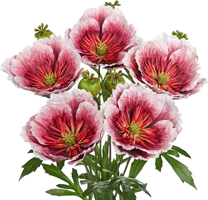 Hollyone 5Pcs Red Poppy Flowers Artificial Bouquet 32.2" Silk Fake Poppy Flowers Arrangement Real Touch Faux Poppies Flower Long Stem for DIY Wedding Party Table Centerpiece Table Home Decor