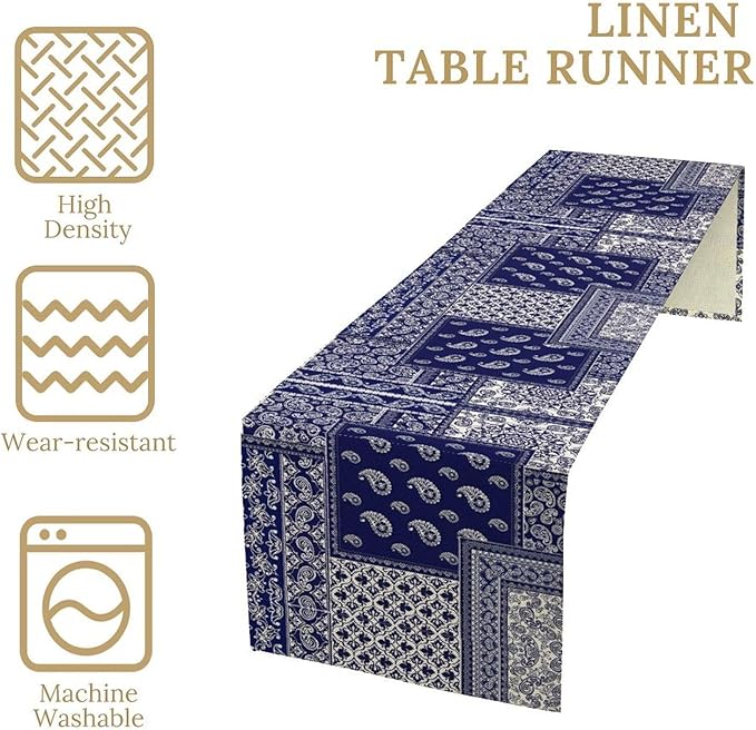 Boho Patchwork Table Runner, Blue White Bohemian Paisley Floral Vintage Farmhouse Table Runner for Kitchen Dining Home Party Holiday, 13x108 Inch