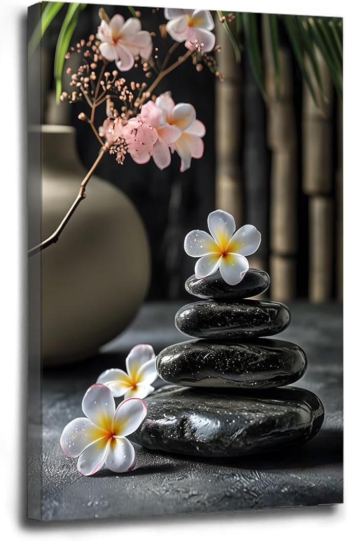 A harmonious black stone stack paired with white and pink flowers bamboo and ceramic vases creates a tranquil Zen decor for minimalist homes and mindful spaces 8x12in Wood Framed
