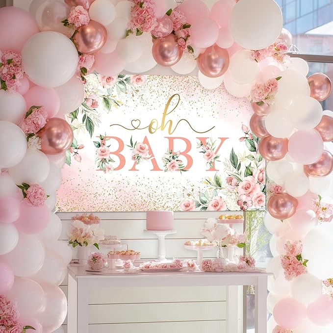 Mocsicka Oh Baby Backdrop Pink Floral Baby Shower Banner for Girls Party Decorations Photo Booth Props (Pink, 8x6ft)