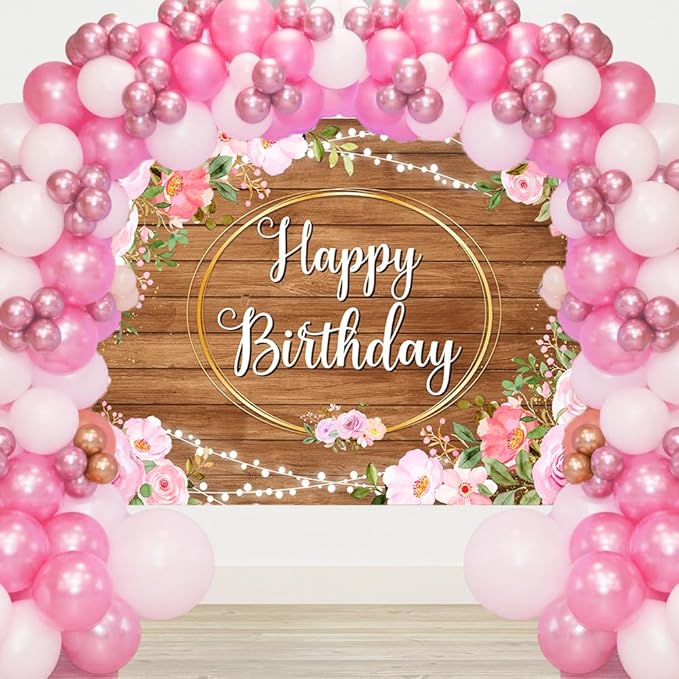 Pink Flowers Happy Birthday Banner Brown Wooden Floral Happy Birthday Backdrop for Women Golden Frame Glitter Lights Photography Background for 20th 30th Women Girl Party Decorations 5.9x3.6Ft