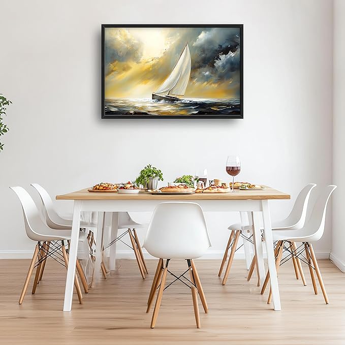 Ocean Sailboat Large Wall Art Framed Wall Decor for Living Room Abstract Boat Pictures Oversized Canvas Print Painting Modern Extra Large Artwork for Bedroom Office Home Decor 36"x24"