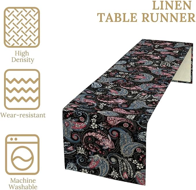 Bohemian Table Runner, Black Blue Pink Paisley Floral Boho Decor Table Runner for Kitchen Dining Home Party, 13x90 Inch