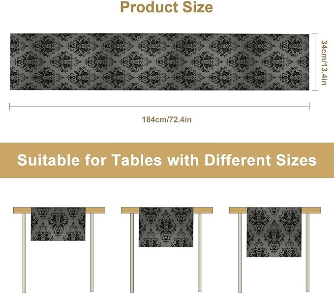 Black Damask Table Runner,Gothic Antique Victorian Floral Boho Table Runner for Home Kitchen Table Dining Garden Farmhouse Wedding Party Decor 13x60 Inch
