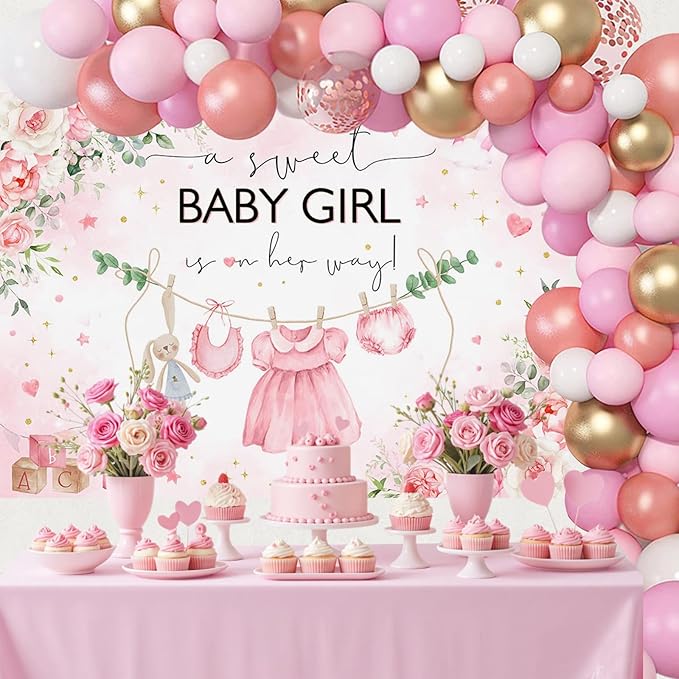 Mocsicka Pink Floral Baby Shower Backdrop for Girls - Blush Pink Girls Dress Background - It's a Girl Sweet Baby Girl Shower Decorations Banner Photo Booth Props (7x5ft)