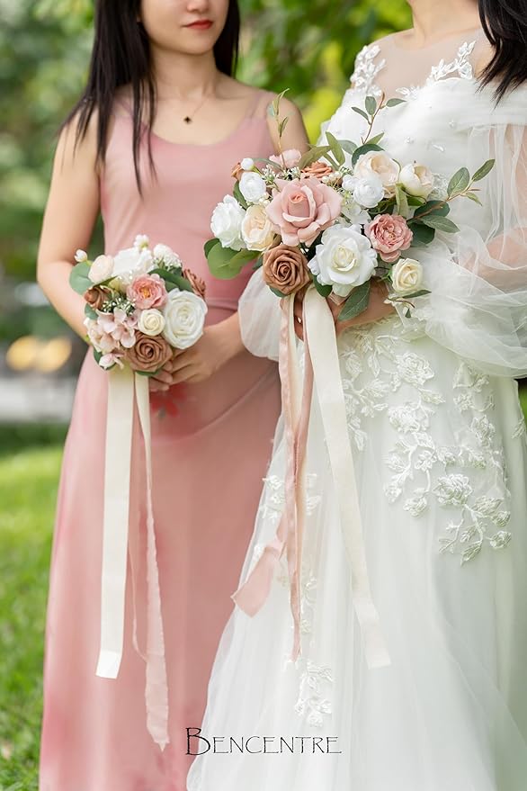10 Inch Dusty Rose Bridal Bouquet,Wedding Bouquet,Bride Bouquets for Wedding Ceremony Anniversary, Party and French Rustic Vintage Wedding,Artificial Flowers…