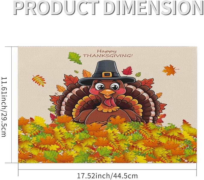 Thanksgiving Leaf Turkey Placemats Set of 1 PVC Vinyl Non Slip Table Mats Heat Resistant Place Mats Washable Wipeable Dining Table Mat for Kitchen Decor Party Indoor Outdoor Decorative Gift