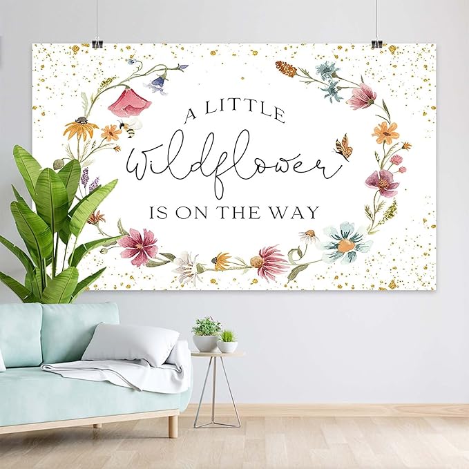 Wildflower Baby Shower Backdrop for Girl Watercolor Wild Floral Butterfly Photography Background Garden Wildflower Baby Shower Cake Table Banner Photoshoot Props (6x3.6ft)