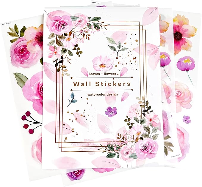 AOWDIAO 60 Pcs Flower Peel and Stick Wall Decals Watercolor Vinyl Peony Floral and Leaves Wall Stickers Pastel Flower Decor for Girls Bedroom Nursery Classroom Living Room