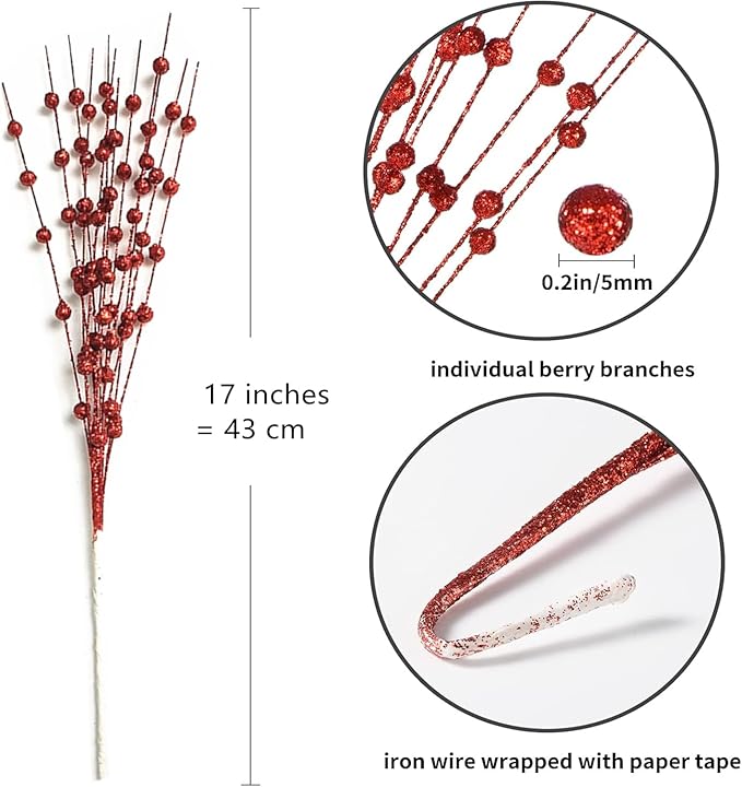Artificial Glitter Berry Stems Decorations 17 Inch, Fake Berries Bead Sticks Pick for Halloween Christmas Ornaments Berries Stem Xmas Tree Picks Wreath Vase Filler Home DIY Decor - Red 10 Pack