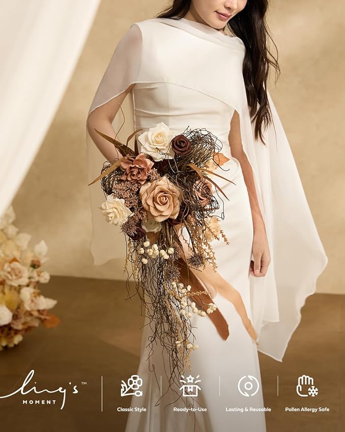 Ling's moment Beige Bridal Bouquet Cascading, Brown Wedding Bouquets for Bride, 13 Inch Bride Bouquets for Wedding Artificial Flowers Bouquets