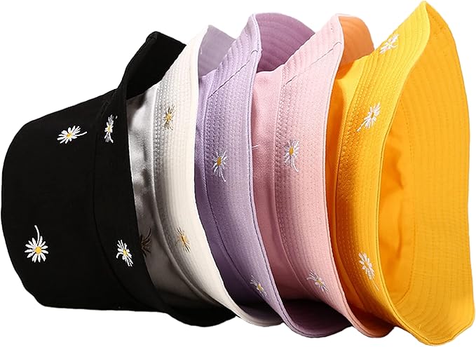 Flower Reversible Bucket Hat Cotton Summer Travel Beach Sun Hats Emboridery for Women Men
