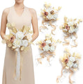 Ling's moment Artificial Flowers Boho Bridesmaid Bouquet Set of 4, White Beige Wedding Flowers Bouquets for Bridesmaids, 7 Inch Bridal Bouquets for Bridesmaids, Wedding, Ceremony, Anniversary, etc