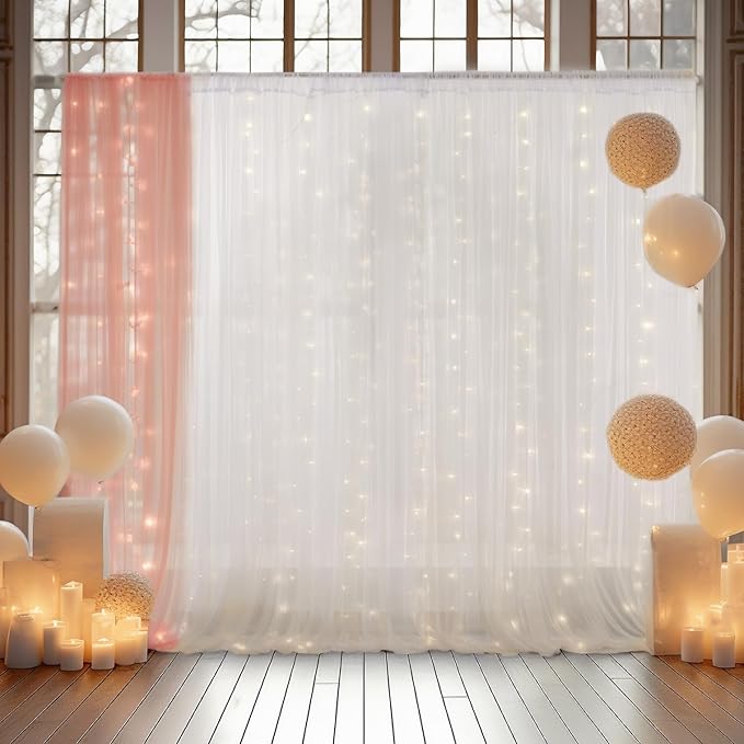 20x10ft White Tulle Backdrop Curtain with Lights String for Parites, Sheer Backdrop Curtains for Wedding Baby Shower Birthday Party Photo Shoot Decorations