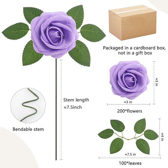 Artificial Flowers Roses Real Looking Foam Fake Roses with Leaves and for DIY Wedding Bouquets Bridal Shower Centerpieces Party Decorations (Lilac, 200)