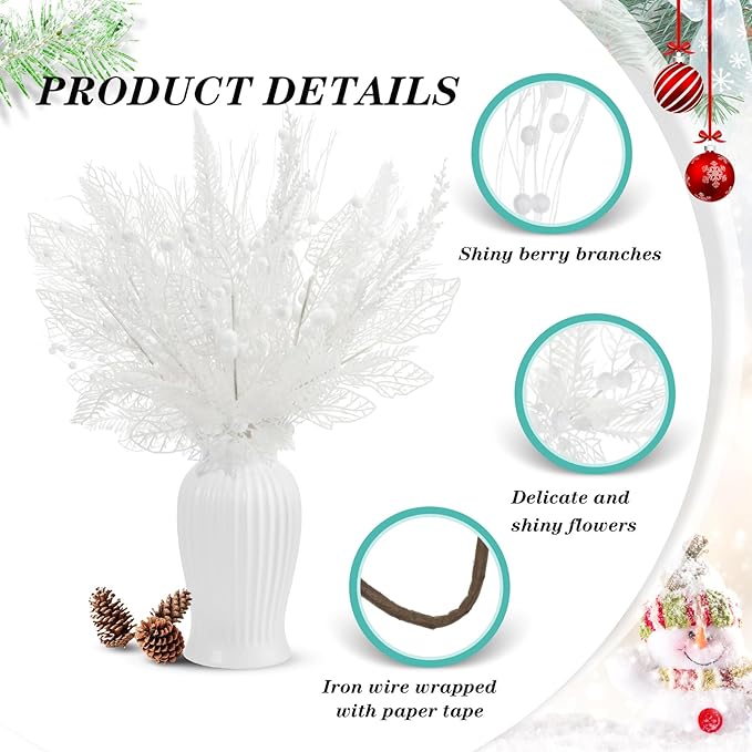 30 Pcs Artificial Christmas Tree Picks and Sprays Glitter Berry Stem Branches Holly Floral Picks Twigs Christmas Tree Ornaments for DIY Xmas Wreath Vase Filler Decorations(White)