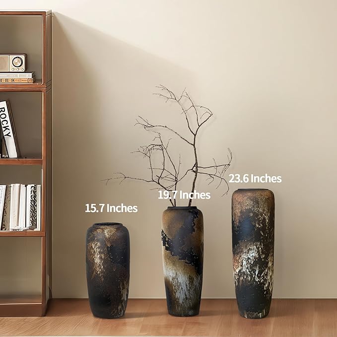 Rustic Ceramic Tall Floor Vase,23.6 Inch Black Large Pottery Farmhouse Decor Floor Vase for Living Room Entryway Table Centerpiece Decor,Vintage Terracotta Vases,Wedding Gift