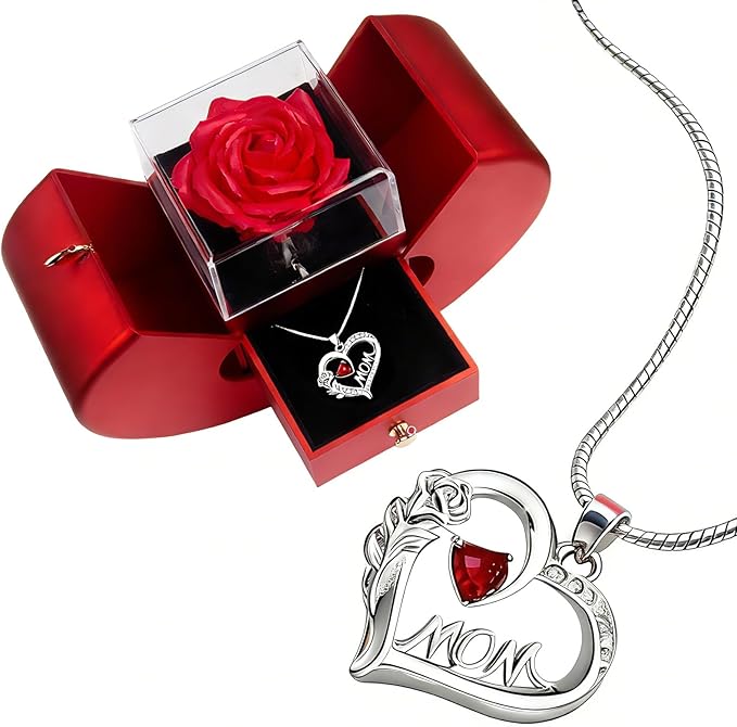 Preserved Rose Mother Gifts for Mom from Daughter Birthday Gift for Mum from Son Forever Red Roses with Mom Rose Heart Necklace for Grandma Mama Nana I Love You