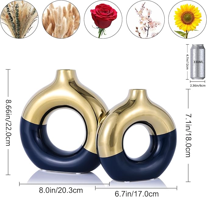 Blue and Gold Vase Decor Donut Vase Set of 2 - Circle Hollow Vases, Modern Matte Ceramic Vases for Entryway Living Room Bedroom Dining Table Centerpiece Office Home Decor