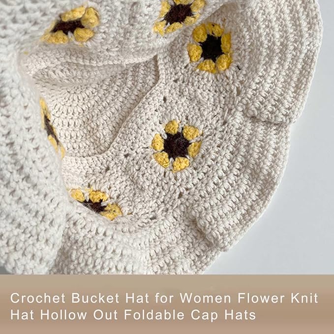 Crochet Bucket Hat for Women Flower Knit Hat Hollow Out Foldable Cap Hats