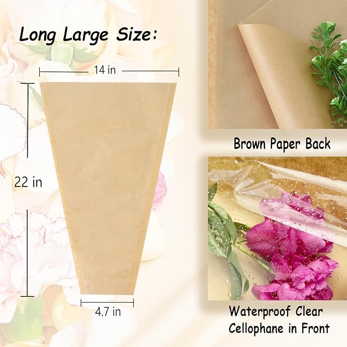 MYGOGOART 50 Pcs Flower Bouquet Wrapping Paper Flower Bags Sleeves for Bouquets Kraft Paper Floral Wrap Bags Flower Bouquet Supplies(14 x 22 x 4.7 inches)