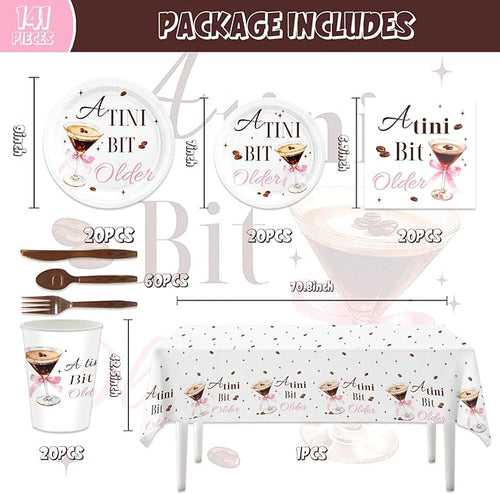 141pcs Espresso Martini Birthday Party Decorations A Tiny Bit Older Supplies Espresso Martini Plates Napkins Forks Knives Straws Tablecloth Cups for Women Martini Bachelorette Bridal Shower Supplies