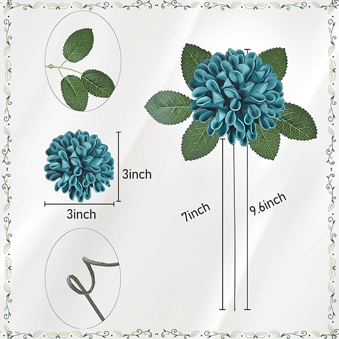 Artificial Flowers, 25pcs Realistic Artificial Rose for DIY Wedding Bouquets Centerpieces Arrangements, Shades of Terracotta and Dark Teal Dahlia Flowers with Stem for Party Home Decorations