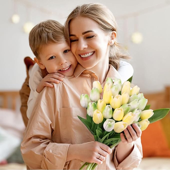 MACTING 30 PCS Artificial Tulip Flowers 13.7" Real Touch Fake Flowers Faux PU Tulips for Floral Arrangement Table Centerpieces Kitchen Home Indoor Outdoor Summer Decorations(Mix Green)