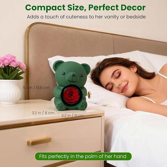 Cute Teddy Bear with Preserved Rose - A Real Rose Flower in Bear with Elegant Gift Box Romantic Gift for Mother's Day, Weddings, Anniversaries, Bridal (Green)
