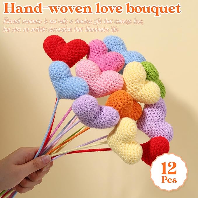 YoungJoy 12 Pcs Crochet Rose Handmade Knitted Flowers Tulip Sunflower Daisy Heart Artificial Knitted Floral Mother Day Graduation Home Decor(Colorful Heart)