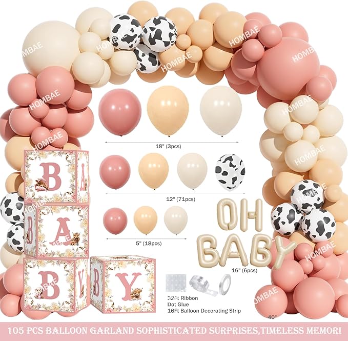 Highland Cow Baby Shower Decorations Girls, 129 PCs – Holy Cow Baby Shower Party Supplies with Floral Backdrop, Balloon Garland, It’s a Girl Cake Topper, Mommy To Be Sash, Headband