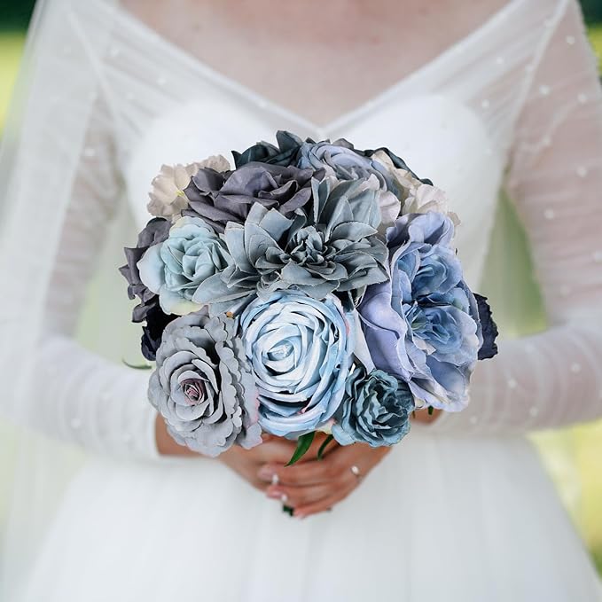Artificial Flowers Combo Box Set Dusty Blue Bouquet Flowers for Wedding Centerpieces Arrangements Bridal Shower Party Decorations Fake Floral for Home