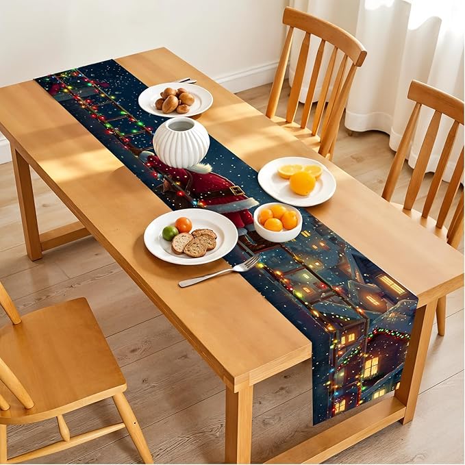 Christmas Table Runner– Festive Santa Claus Climbing Ladder Design with Holiday Lights & Snowy Village, Winter Table Decoration for Dining Table, Kitchen, Party & Home Décor