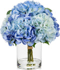 Hollyone Blue Hydrangea Artificial Flowers in Vase Latex Real Touch Large Faux Hydrangea Flowers Arrangements Hydrangeas Fake Flower with Glass Vase with Faux Water for Table Centerpiece Home Decor ﻿