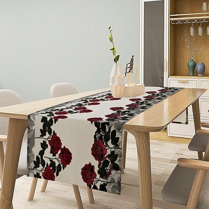 Red Rose Print Table Runner, Romantic Vintage Rose Summer Dark Flower Dinner Runner Table Decoration for Home Kitchen Dining Holiday Wedding Party 13x90in